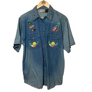 VTG Denim Shirt Beach Chair Shell Palm Tree Grandmacore Hot Names Unisex Medium